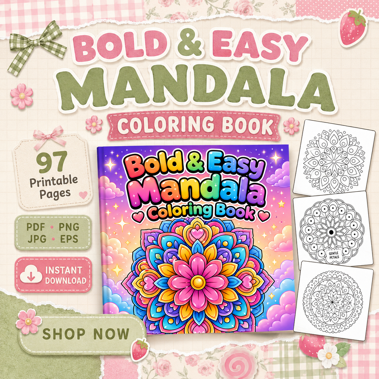 Easy Mandala Coloring Book | 97 Printable Coloring Pages + 9 Cover Options