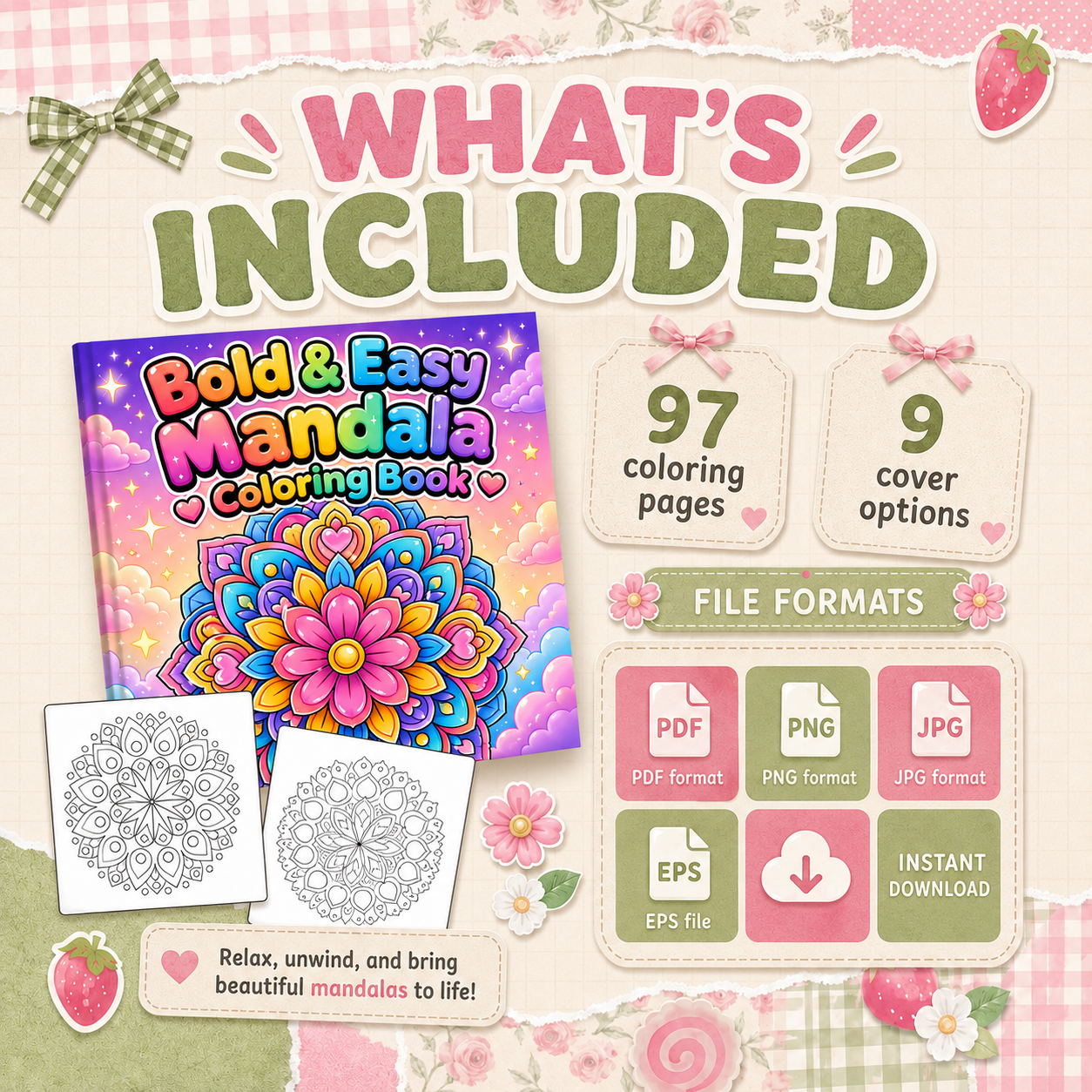 Easy Mandala Coloring Book | 97 Printable Coloring Pages + 9 Cover Options