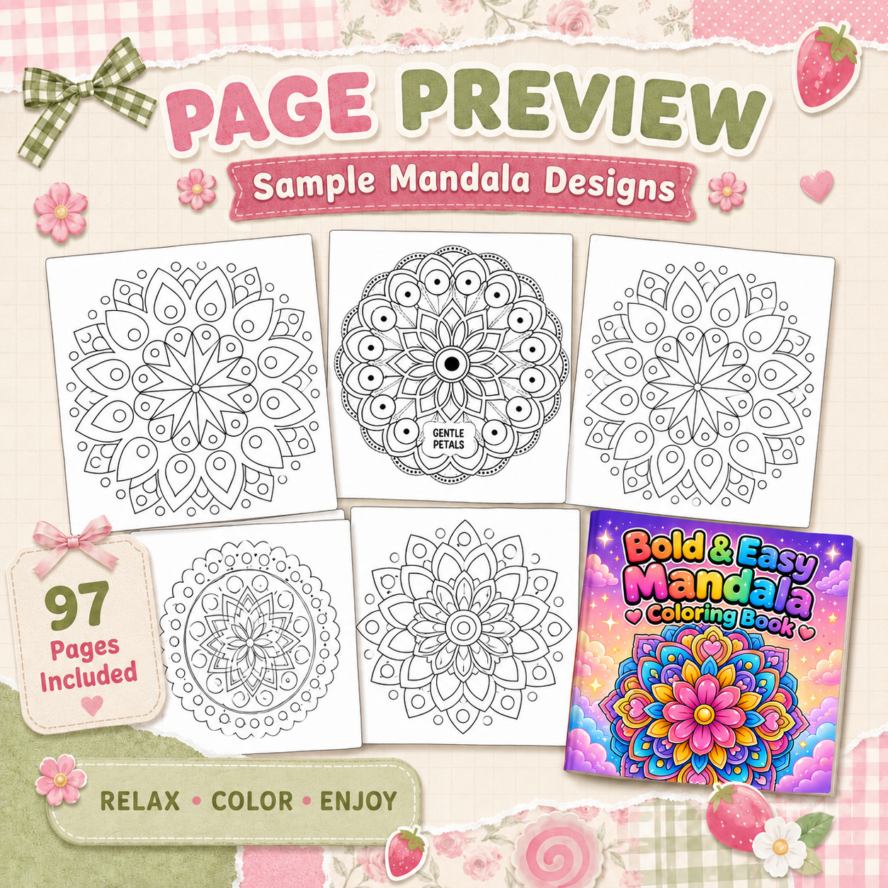 Easy Mandala Coloring Book | 97 Printable Coloring Pages + 9 Cover Options