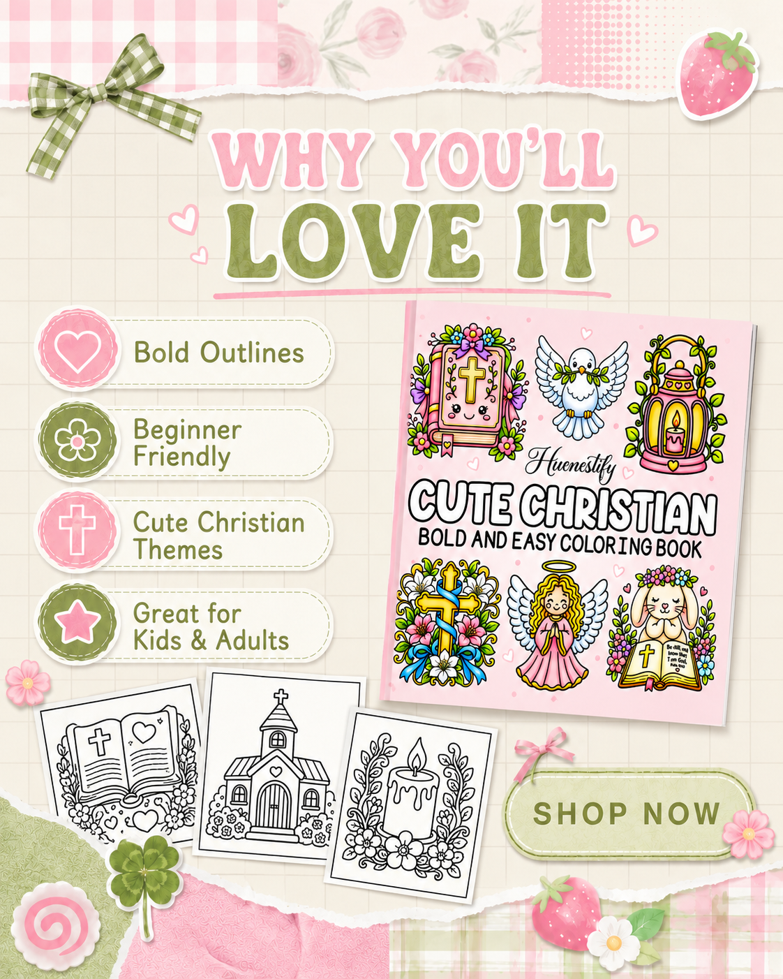 Cute Christian Bold & Easy Coloring Book – Digital Download