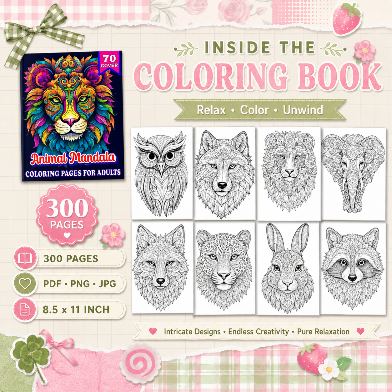 Animal Mandala Coloring Book – 300 Printable Coloring Pages for Adults
