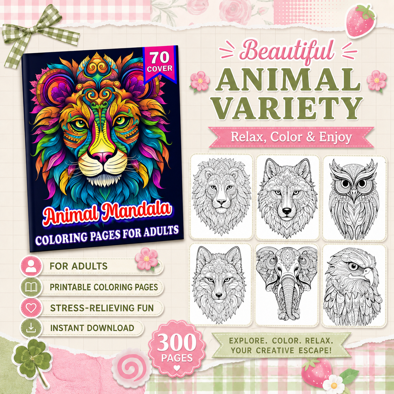 Animal Mandala Coloring Book – 300 Printable Coloring Pages for Adults