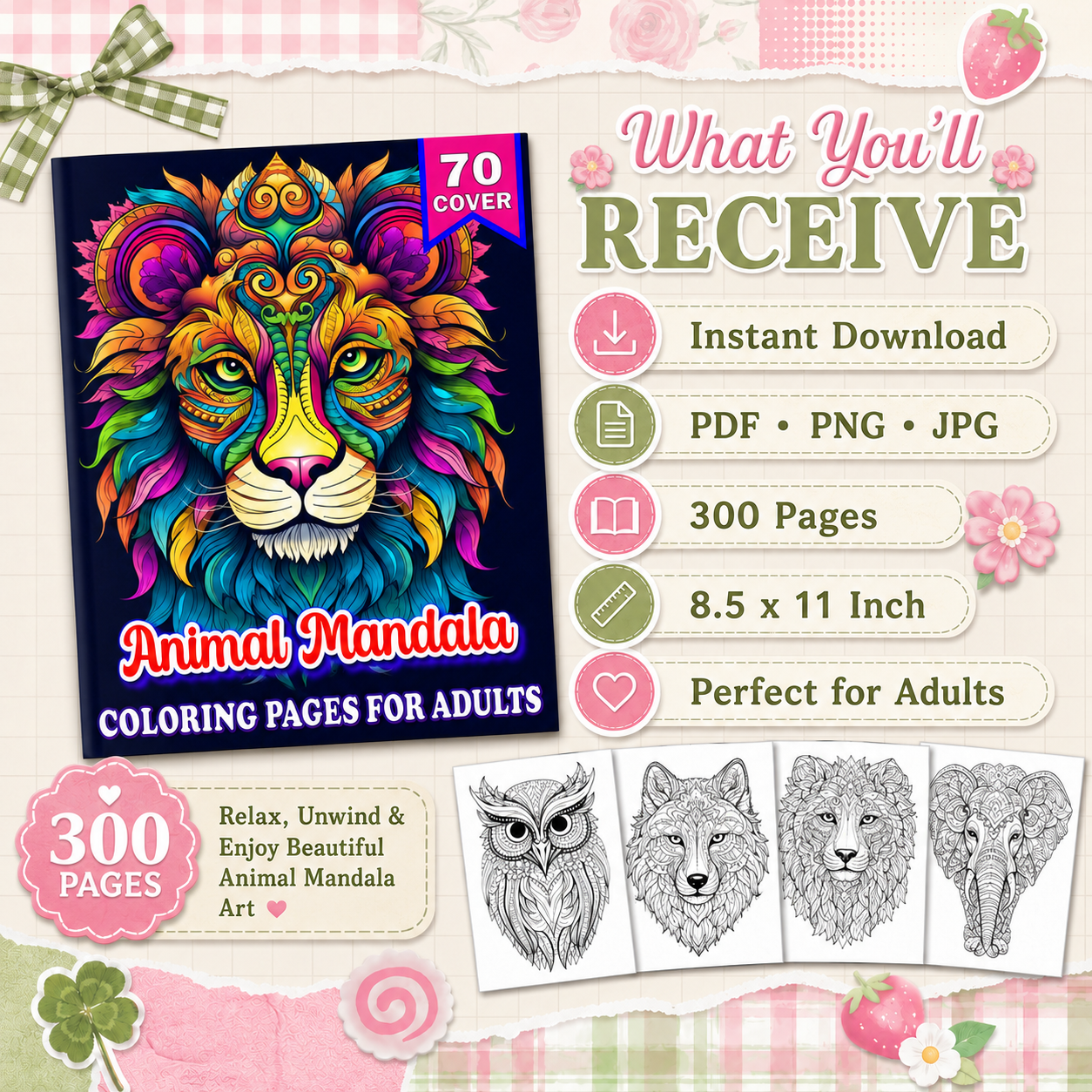 Animal Mandala Coloring Book – 300 Printable Coloring Pages for Adults